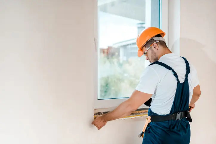 Repairman in goggles measuring wall near window in East Brookfield, MA